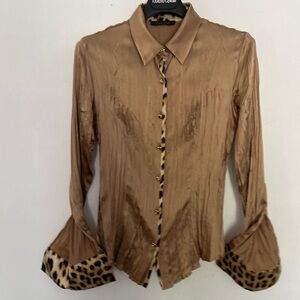 Roberto Cavalli Satin Camel Blouse with Leopard Trim